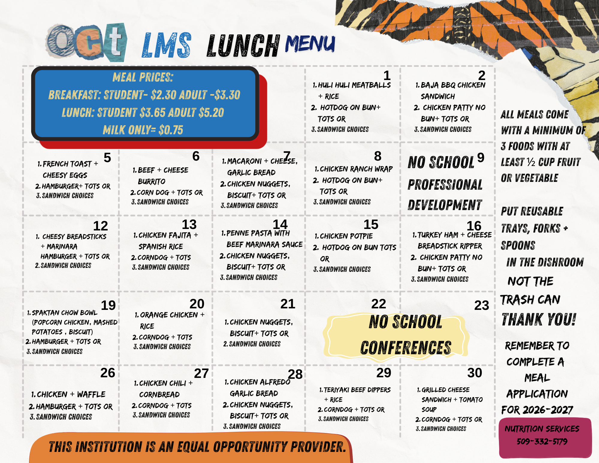 LMS menu October, detailing daily meal options and prices.